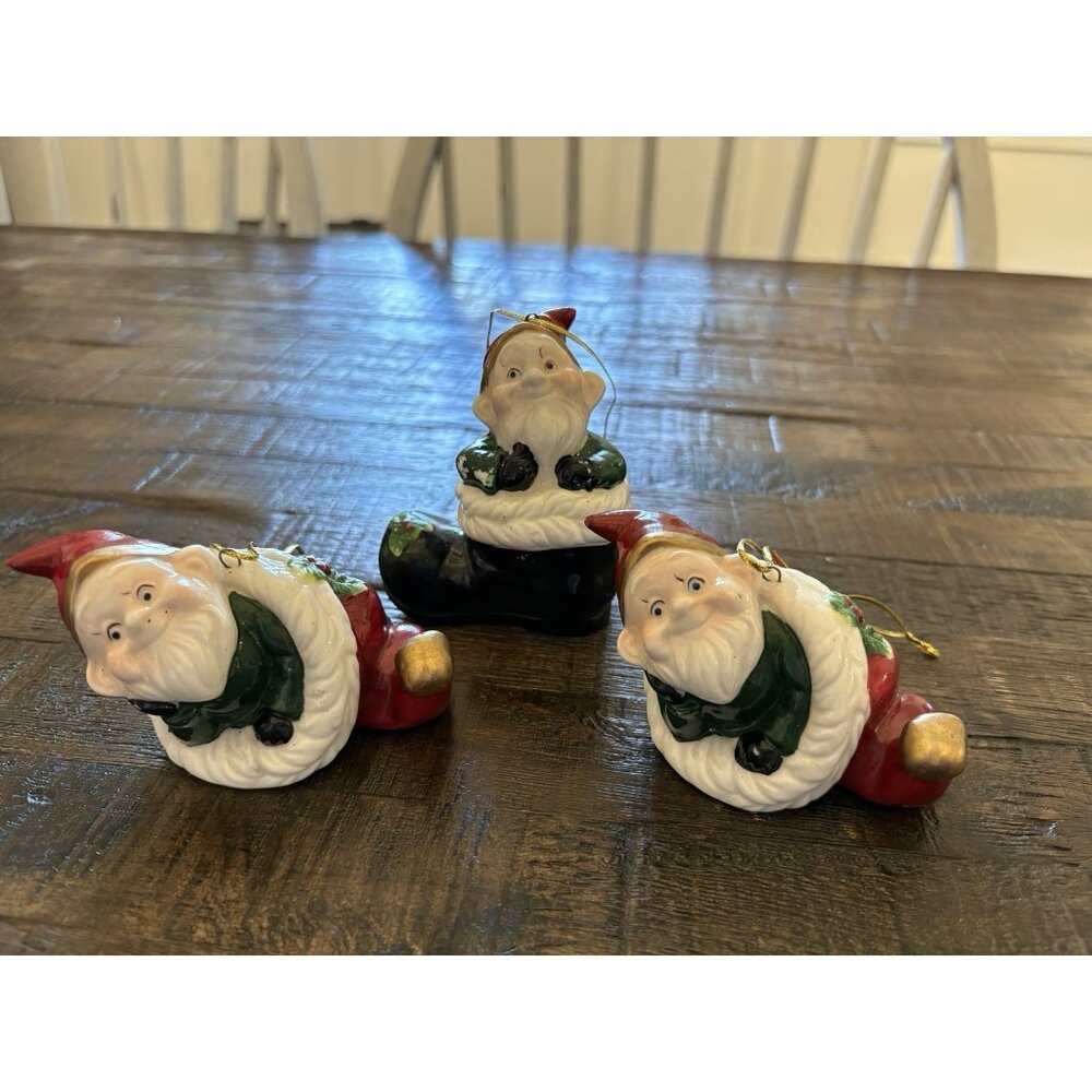 Vintage Porcelain Elf in Santa Hat Boot Christmas Tree Ornaments Lot